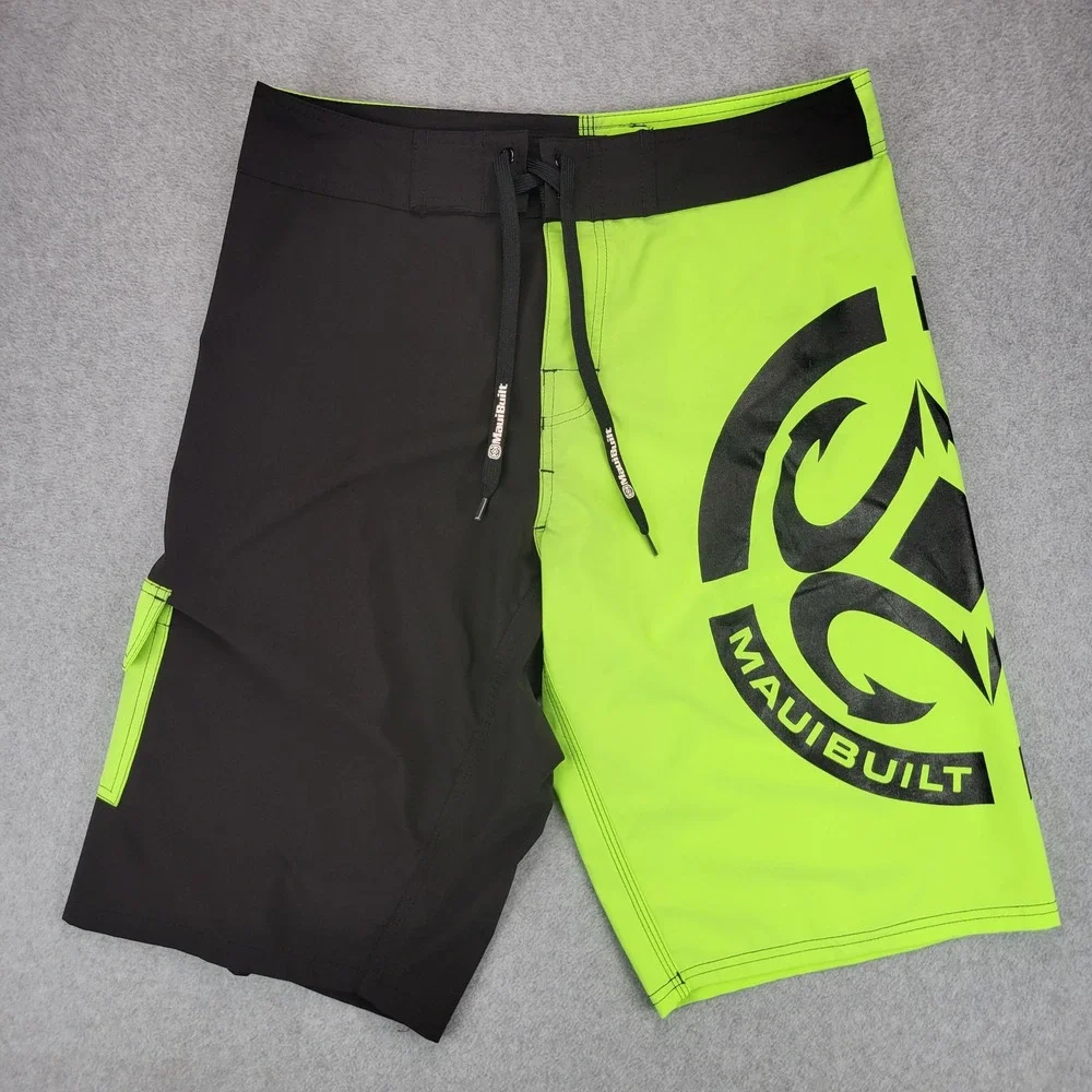 MauiBuilt Board Shorts Mens 32 Black Neon Green Tribal Logo Cargo Pocket